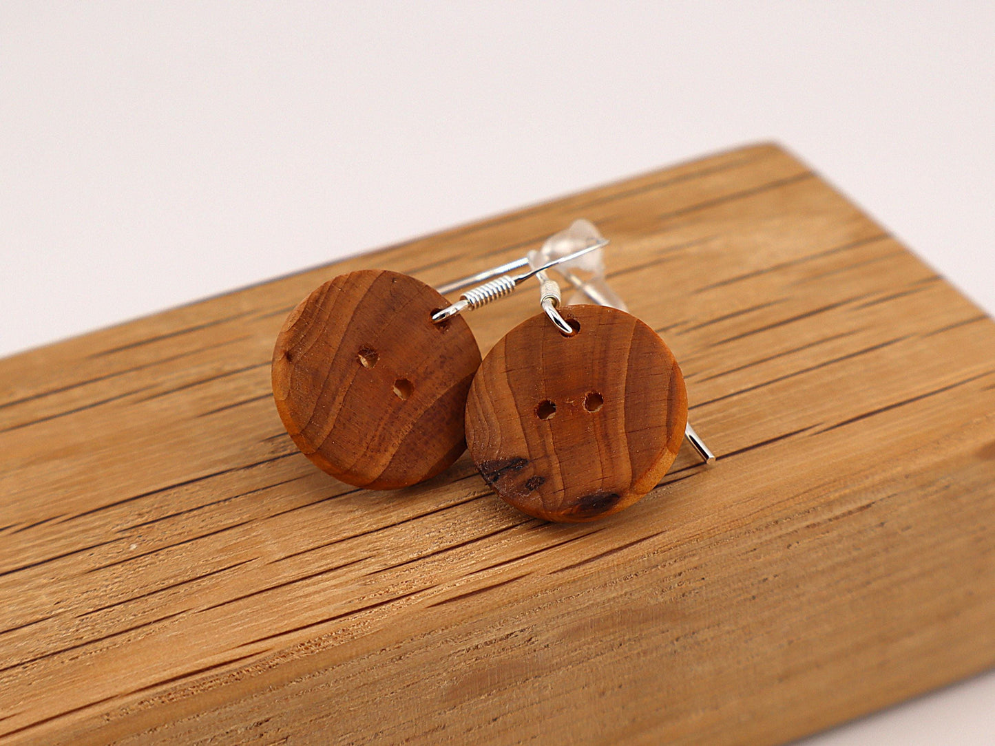 Handmade Wooden Button Earrings – Sterling Silver Hooks – Olive, Yew, Purpleheart & Pink Ivory