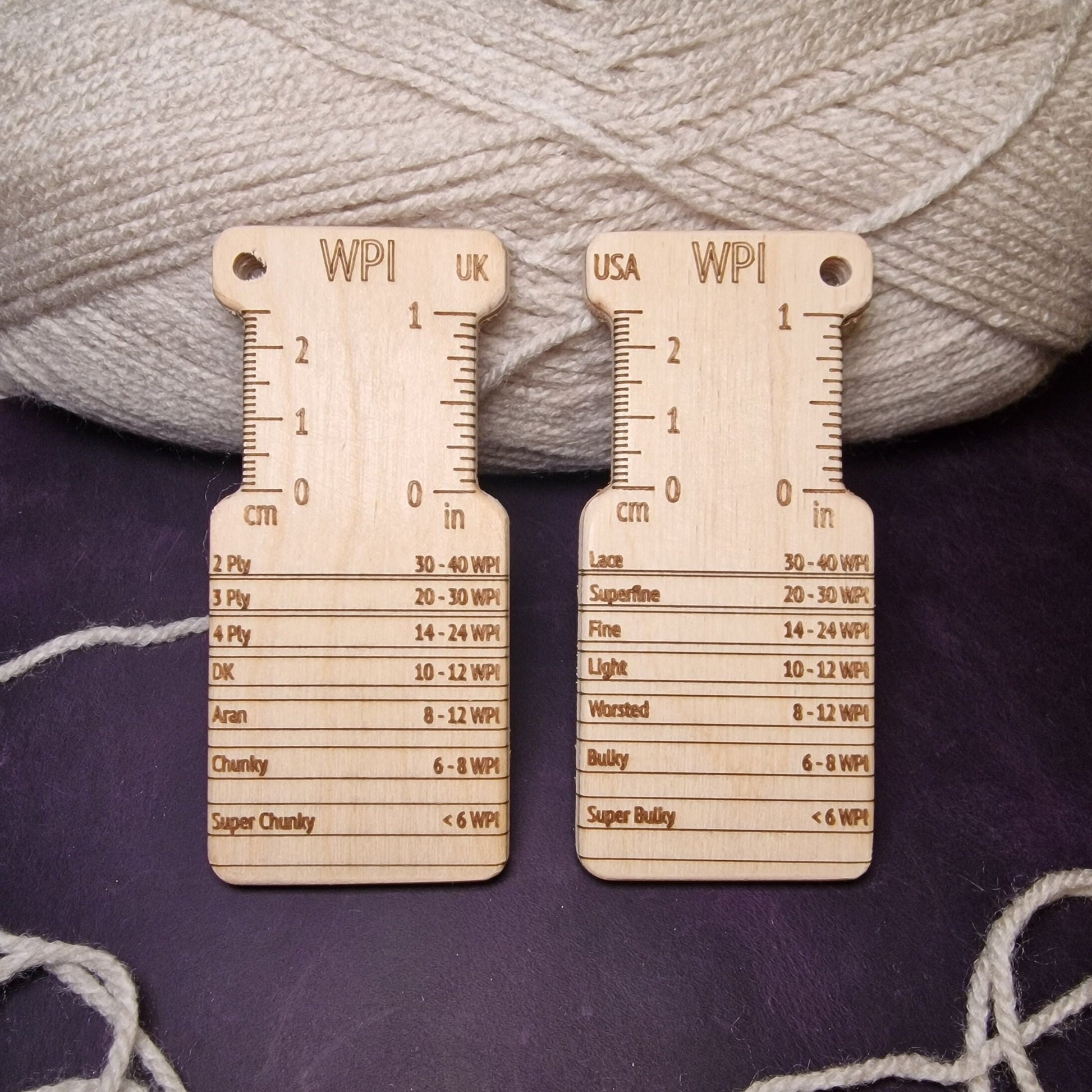 Dual-Sided Birch WPI Tool: UK & US Knitting Gauge