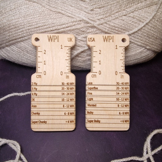 Dual-Sided Birch WPI Tool: UK & US Knitting Gauge