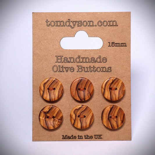 Incredible Olive Wood Buttons - 15mm Diameter - Handmade in the UK