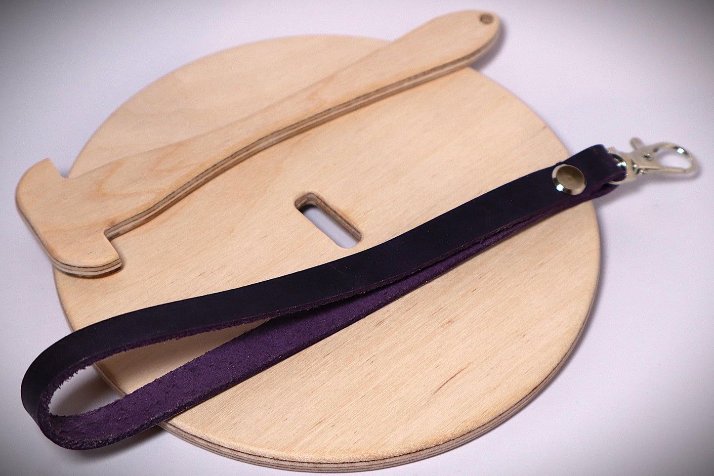 Handcrafted Birch Plywood Yarn Holder with Leather Wrist Strap