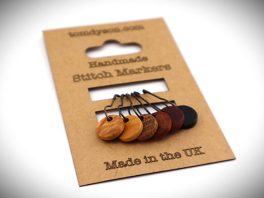 Handturned Wooden Stitch Markers – Set of 6 | Handmade in the New Forest | Premium Knitting Accessories