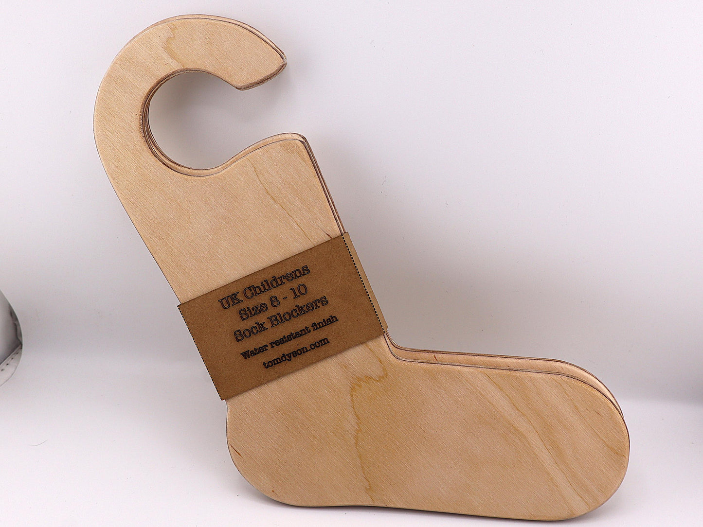 Handmade wooden sock blockers for UK children’s sizes 2–12.