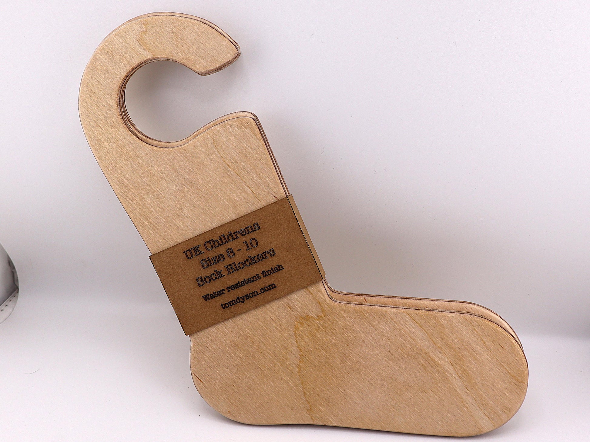 Handmade wooden sock blockers for UK children’s sizes 2–12.