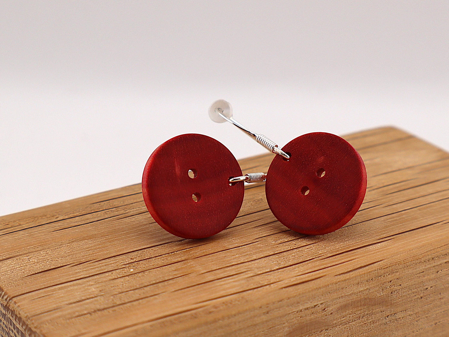 Handmade Wooden Button Earrings – Sterling Silver Hooks – Olive, Yew, Purpleheart & Pink Ivory