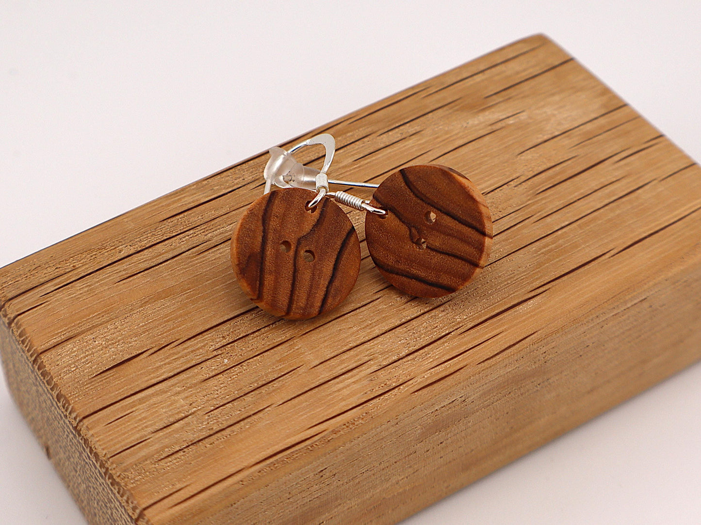 Handmade Wooden Button Earrings – Sterling Silver Hooks – Olive, Yew, Purpleheart & Pink Ivory