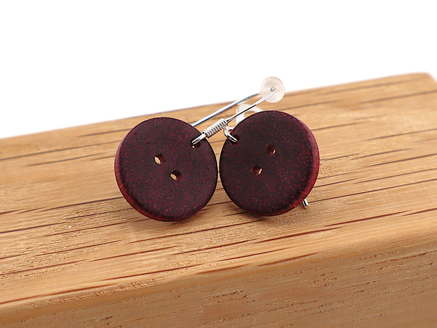 Handmade Wooden Button Earrings – Sterling Silver Hooks – Olive, Yew, Purpleheart & Pink Ivory