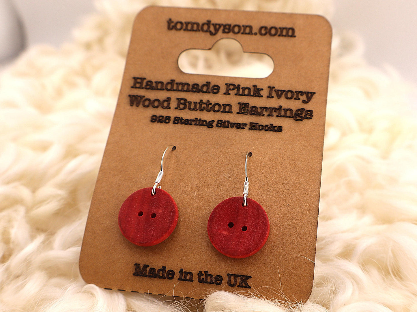 Handmade Wooden Button Earrings – Sterling Silver Hooks – Olive, Yew, Purpleheart & Pink Ivory