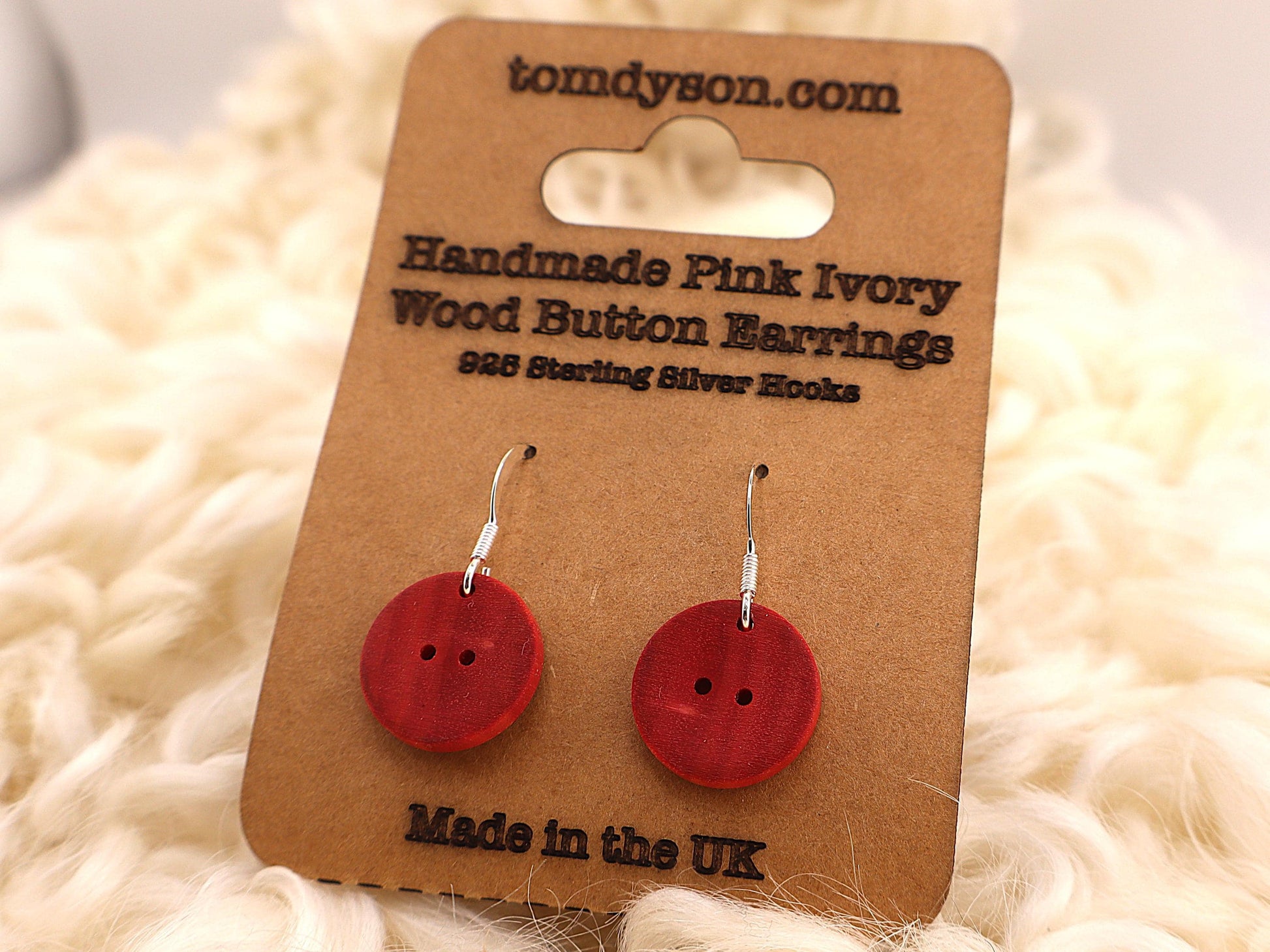 Handmade Wooden Button Earrings – Sterling Silver Hooks – Olive, Yew, Purpleheart & Pink Ivory