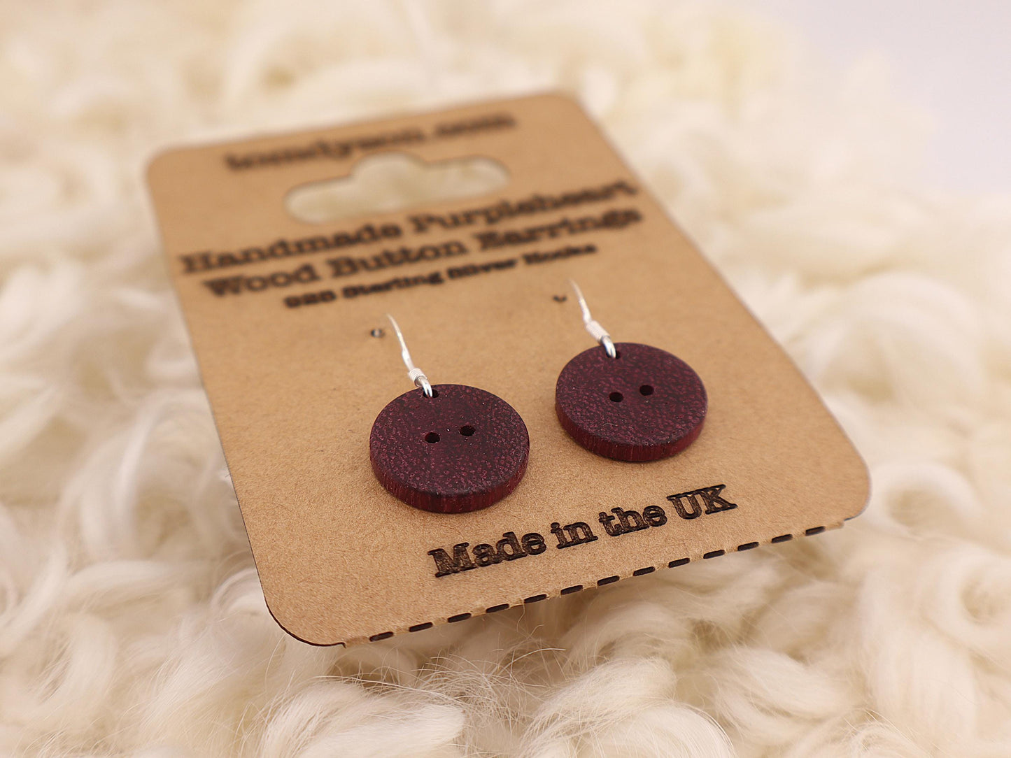 Handmade Wooden Button Earrings – Sterling Silver Hooks – Olive, Yew, Purpleheart & Pink Ivory