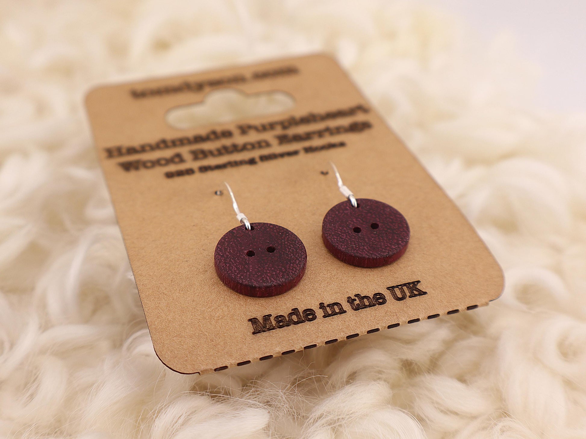 Handmade Wooden Button Earrings – Sterling Silver Hooks – Olive, Yew, Purpleheart & Pink Ivory