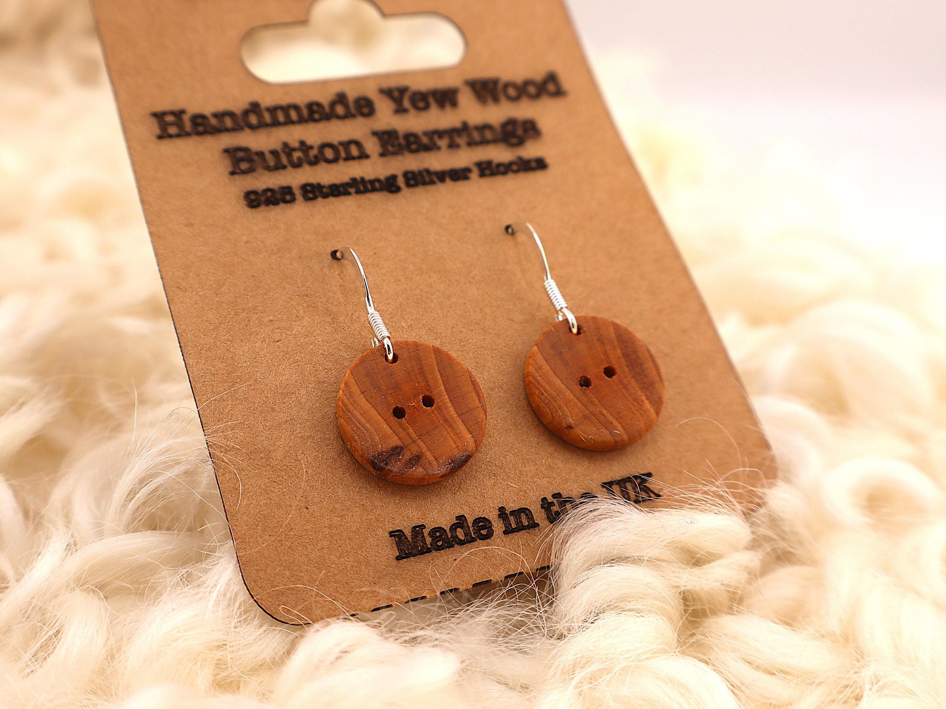 Handmade Wooden Button Earrings – Sterling Silver Hooks – Olive, Yew, Purpleheart & Pink Ivory