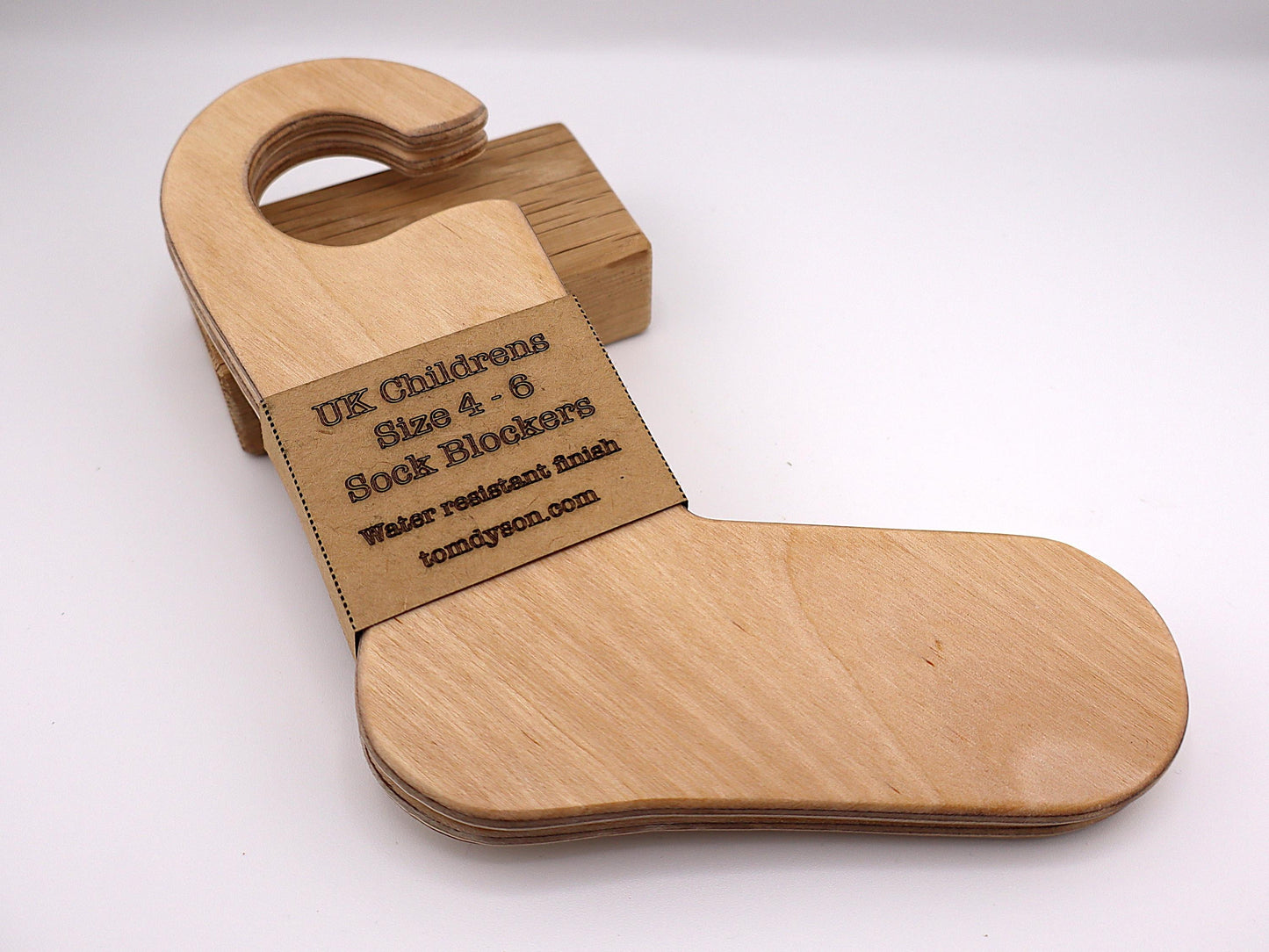 Handmade wooden sock blockers for UK children’s sizes 2–12.