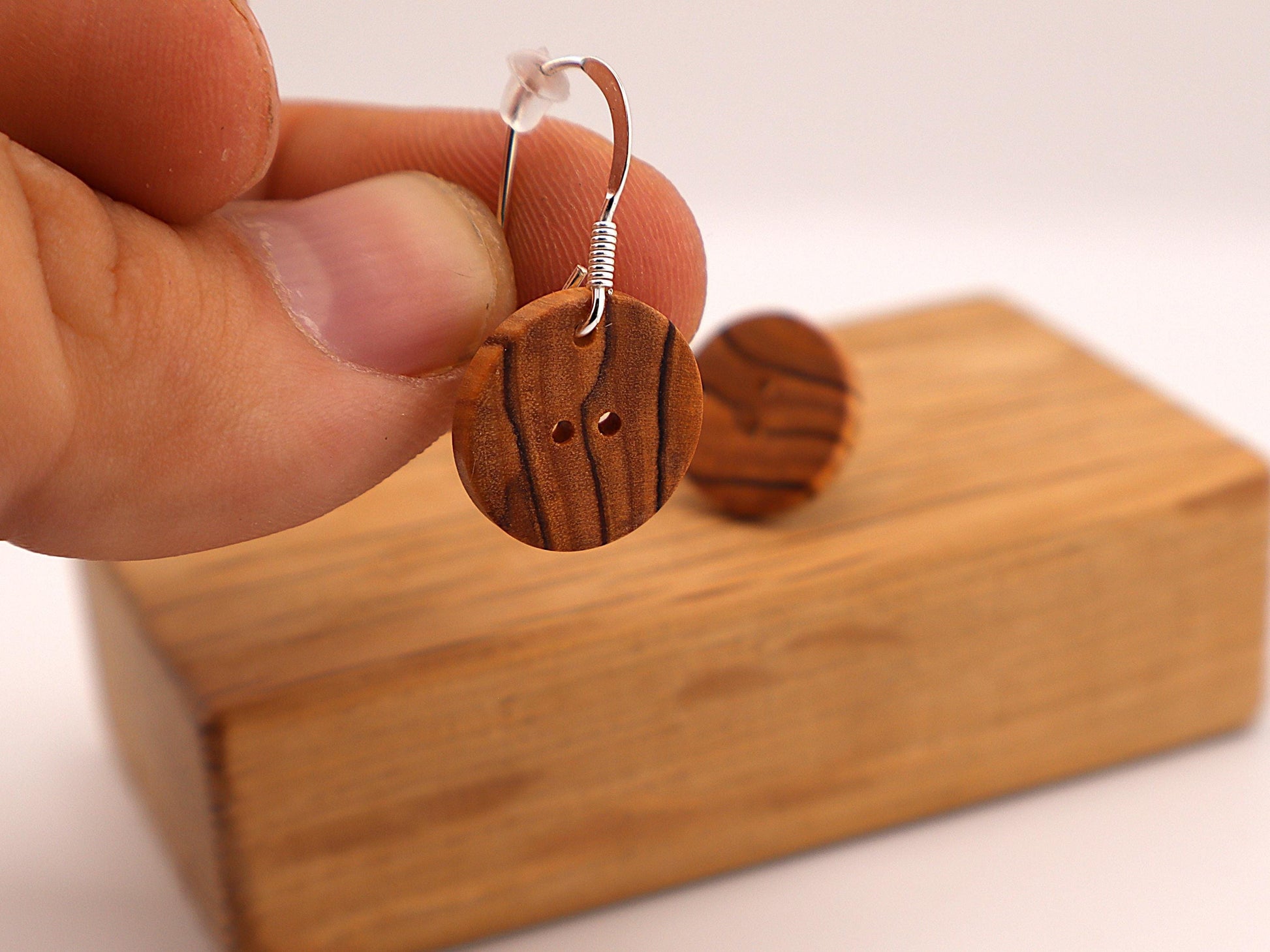 Handmade Wooden Button Earrings – Sterling Silver Hooks – Olive, Yew, Purpleheart & Pink Ivory