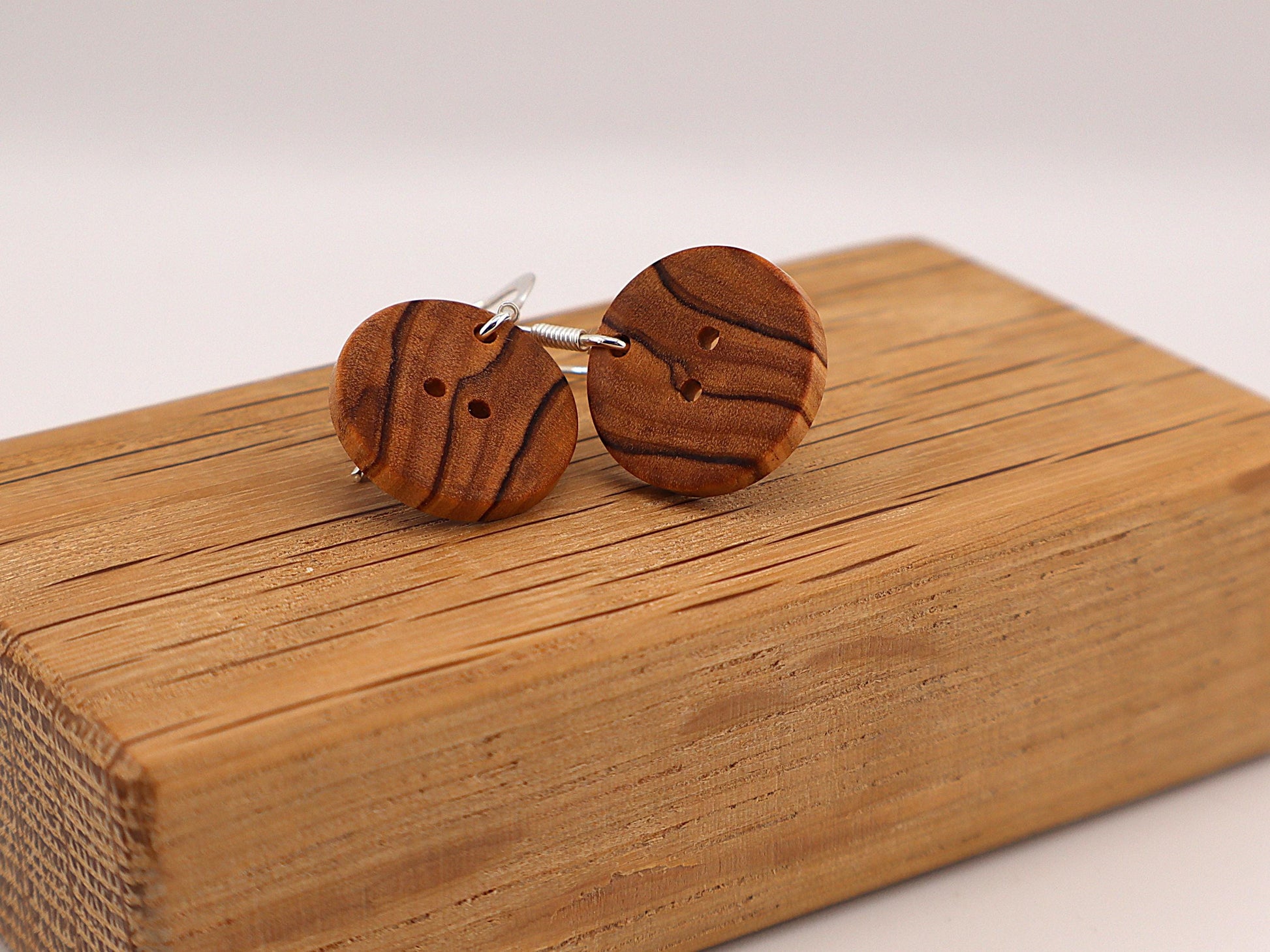 Handmade Wooden Button Earrings – Sterling Silver Hooks – Olive, Yew, Purpleheart & Pink Ivory