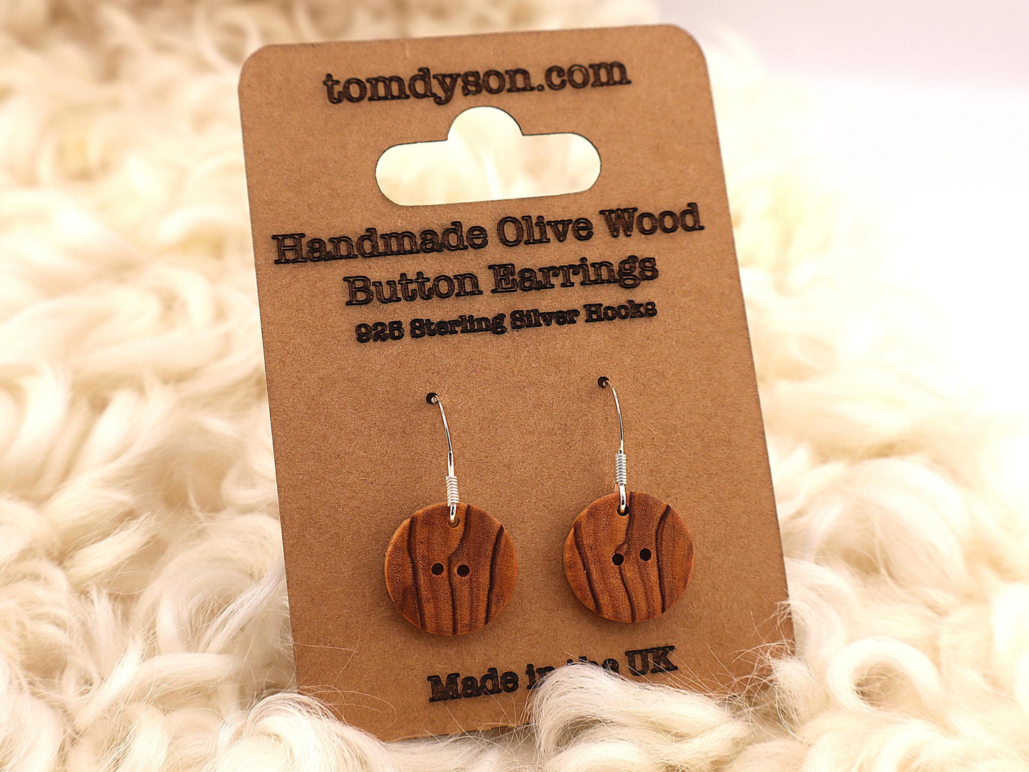 Handmade Wooden Button Earrings – Sterling Silver Hooks – Olive, Yew, Purpleheart & Pink Ivory