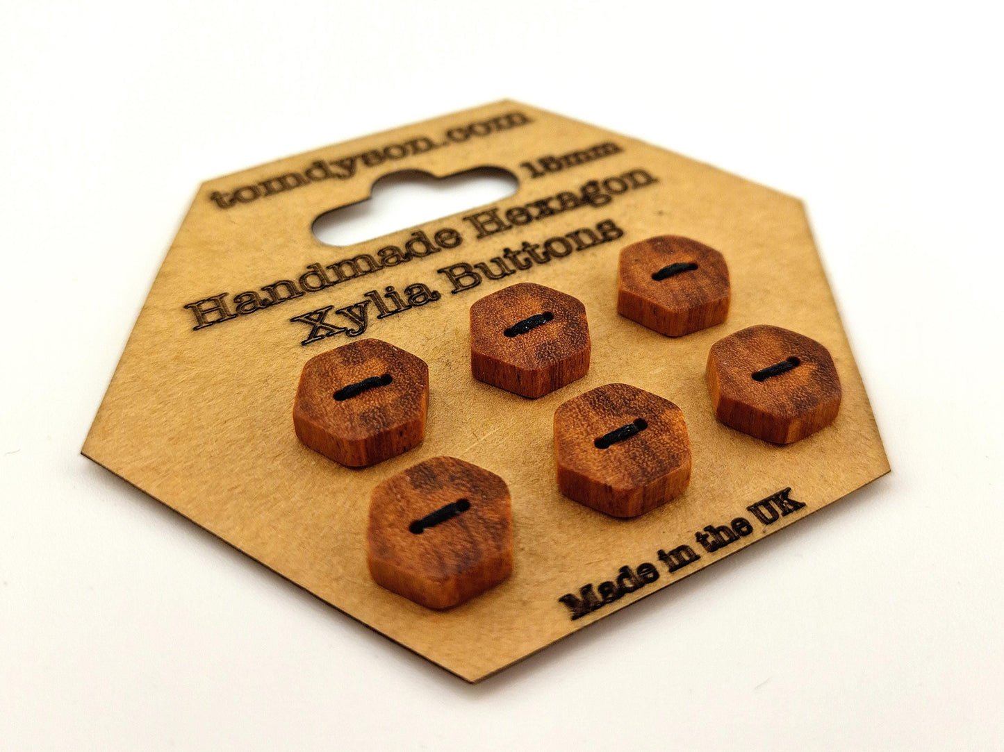 Handmade Hexagon Xylia Buttons – 15mm Solid Hardwood Sewing Buttons | Made in the UK