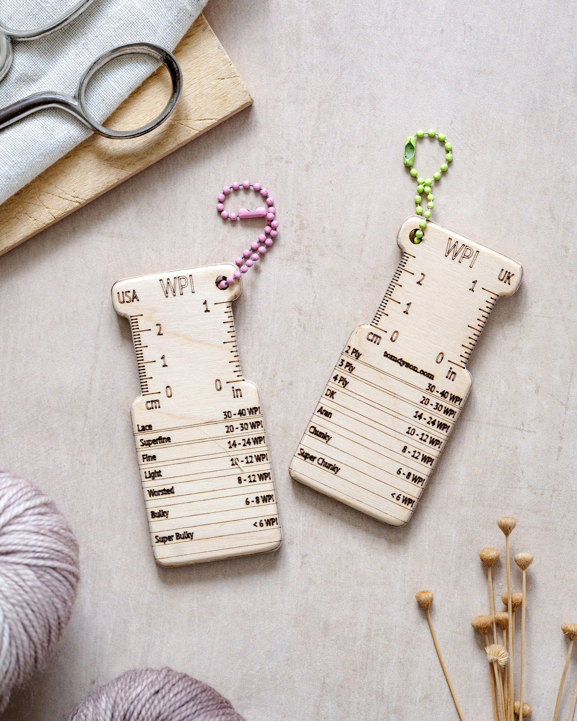 Dual-Sided Birch WPI Tool: UK & US Knitting Gauge